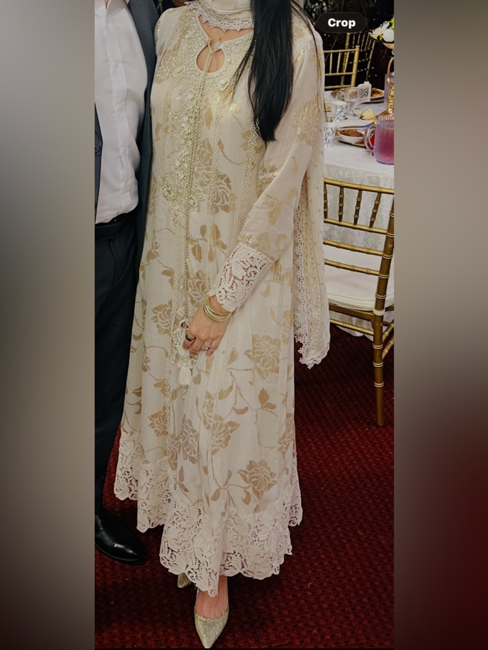 Elegant Cream & Gold Floral Lace Maxi Dress